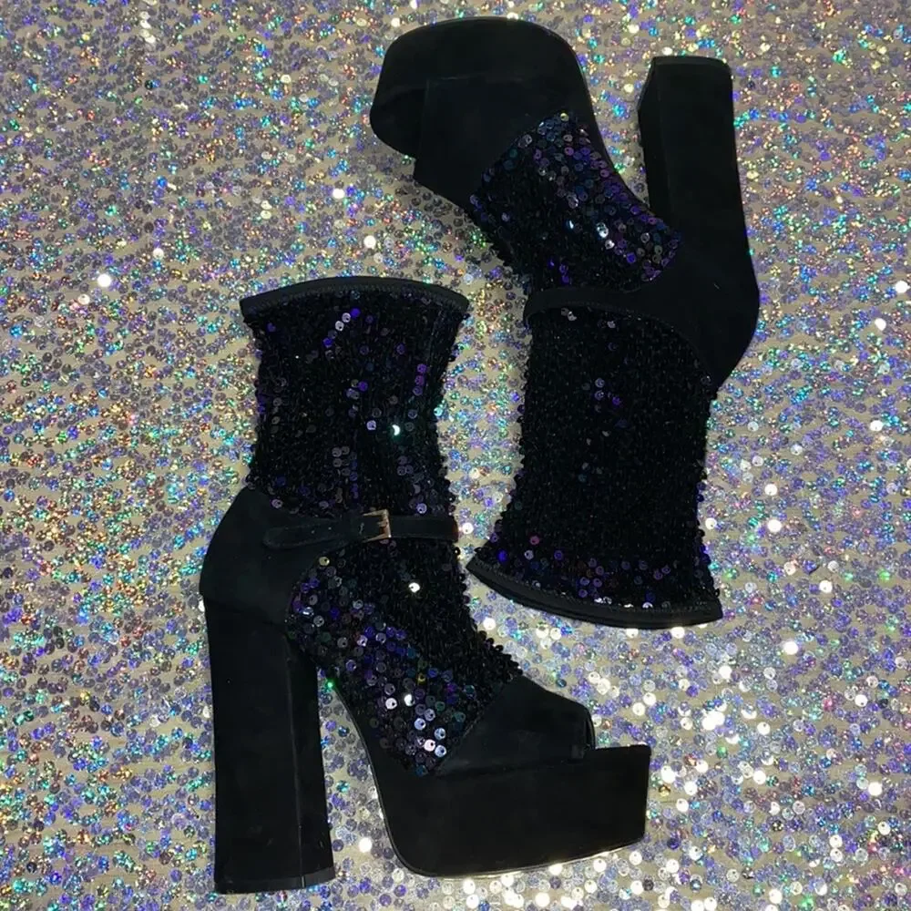 Shelly’s London • Haimi Iridescent Sequin Sock Bootie Platforms